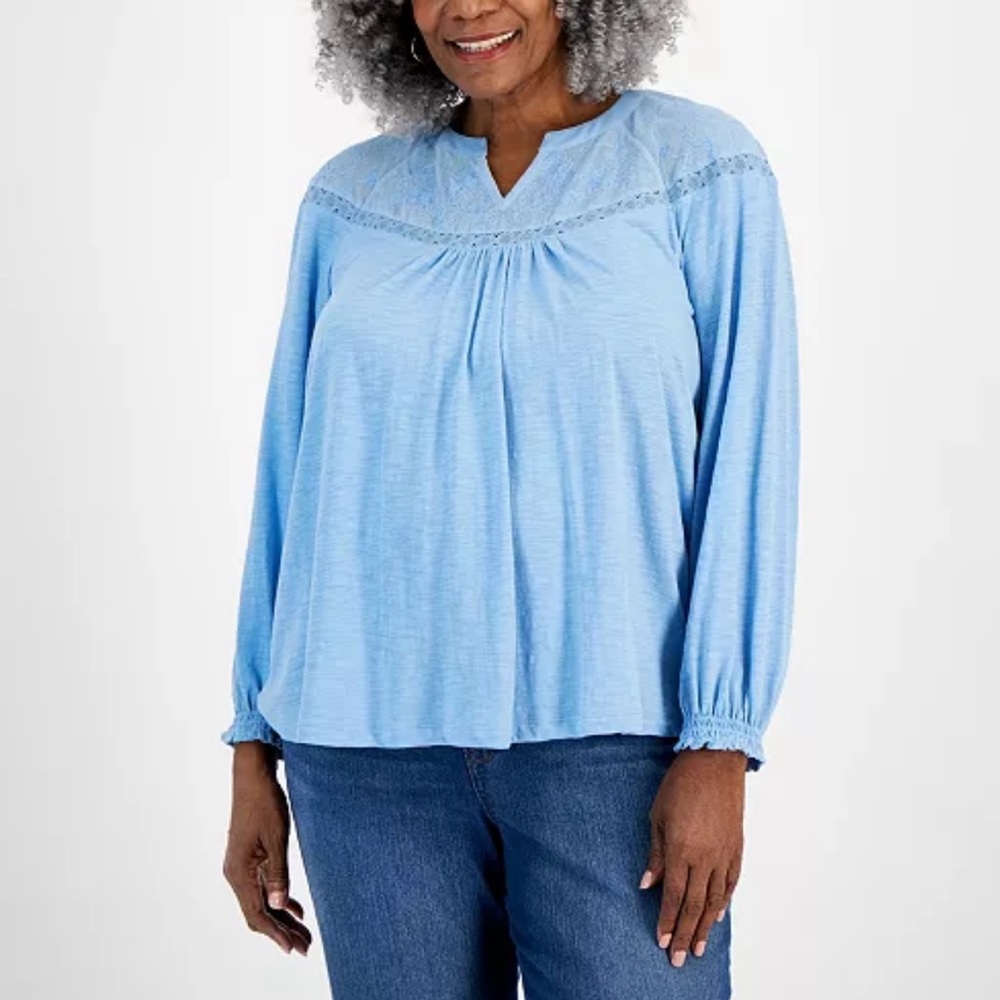 Style & Co for Macy’s, mesh-trim, raglan sleeve blouse. Pale Hydrangea. NWT
